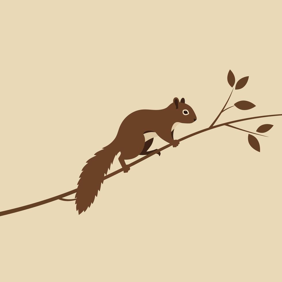 Brown squirrel perched on thin branch with simple leaves minimalist nature illustration in beige background vector