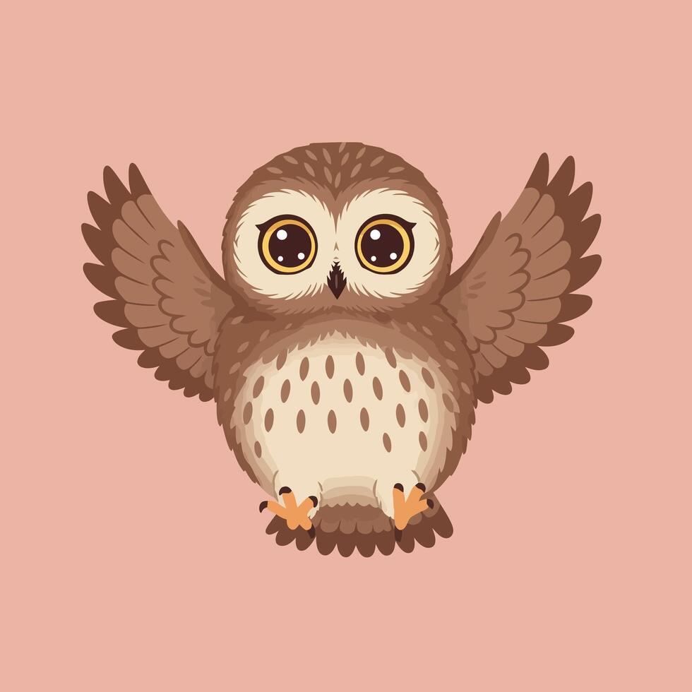 Cartoon owl with raised wings and big eyes on pink background digital illustration in square format vector
