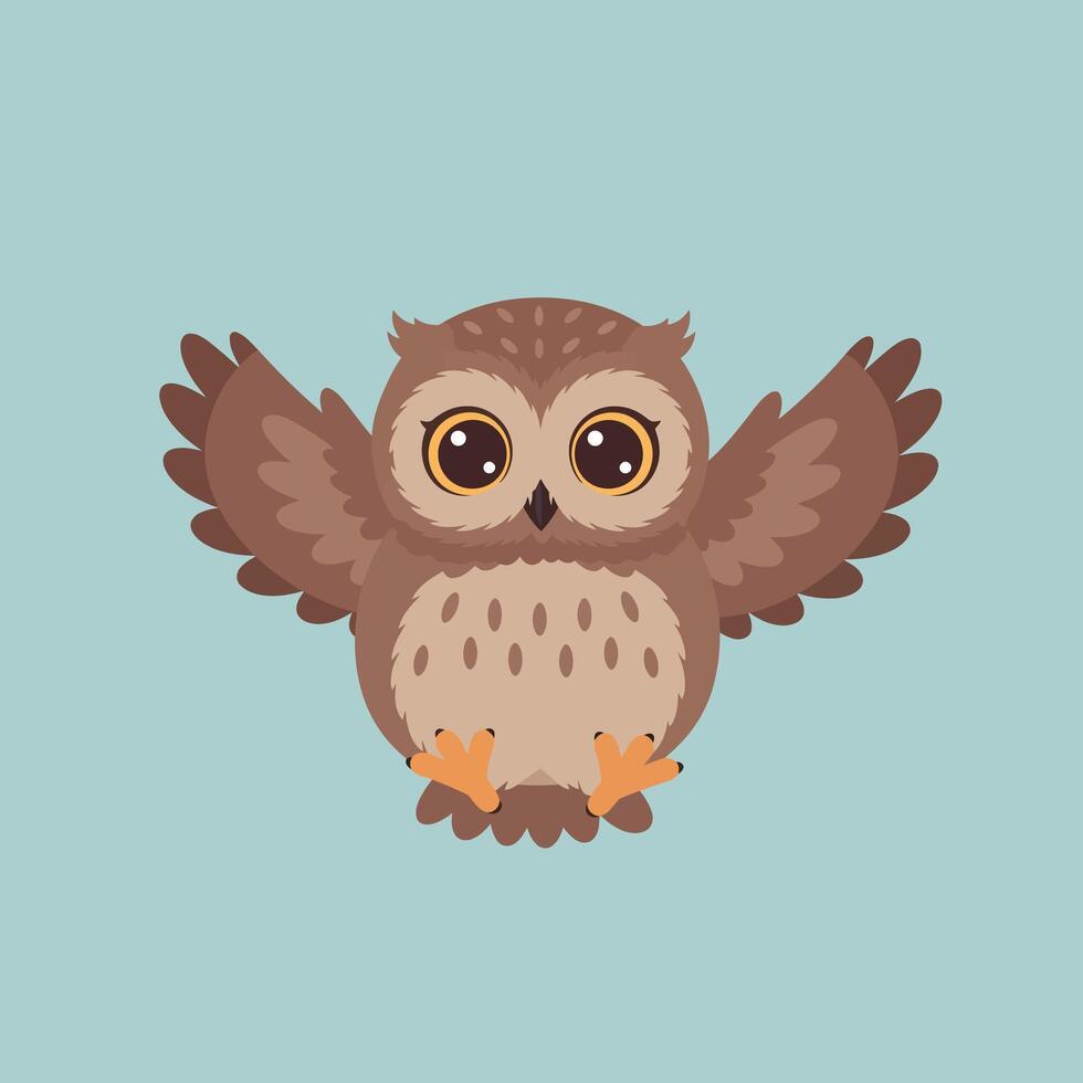 Cute brown owl cartoon with wide eyes and wings spread on blue background in square format illustration vector