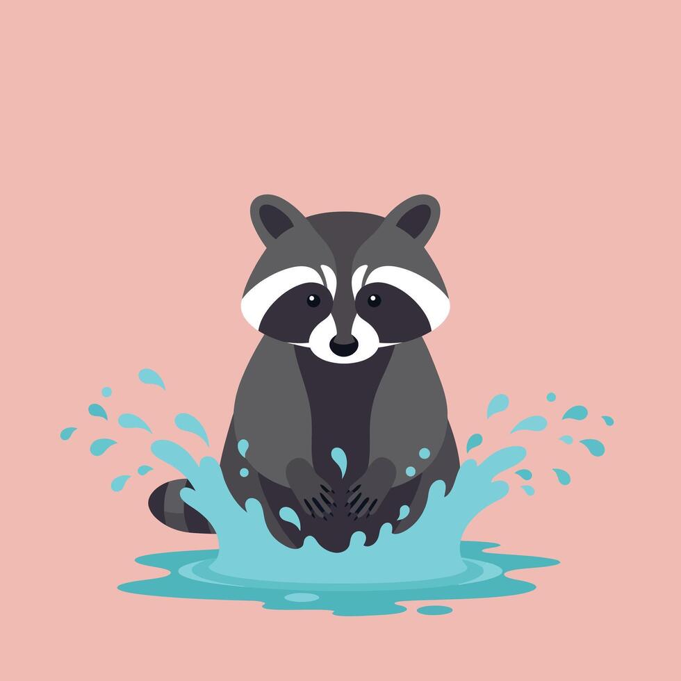 Cute raccoon splashing water playfully on pastel pink background in square illustration for kids and leisure design vector