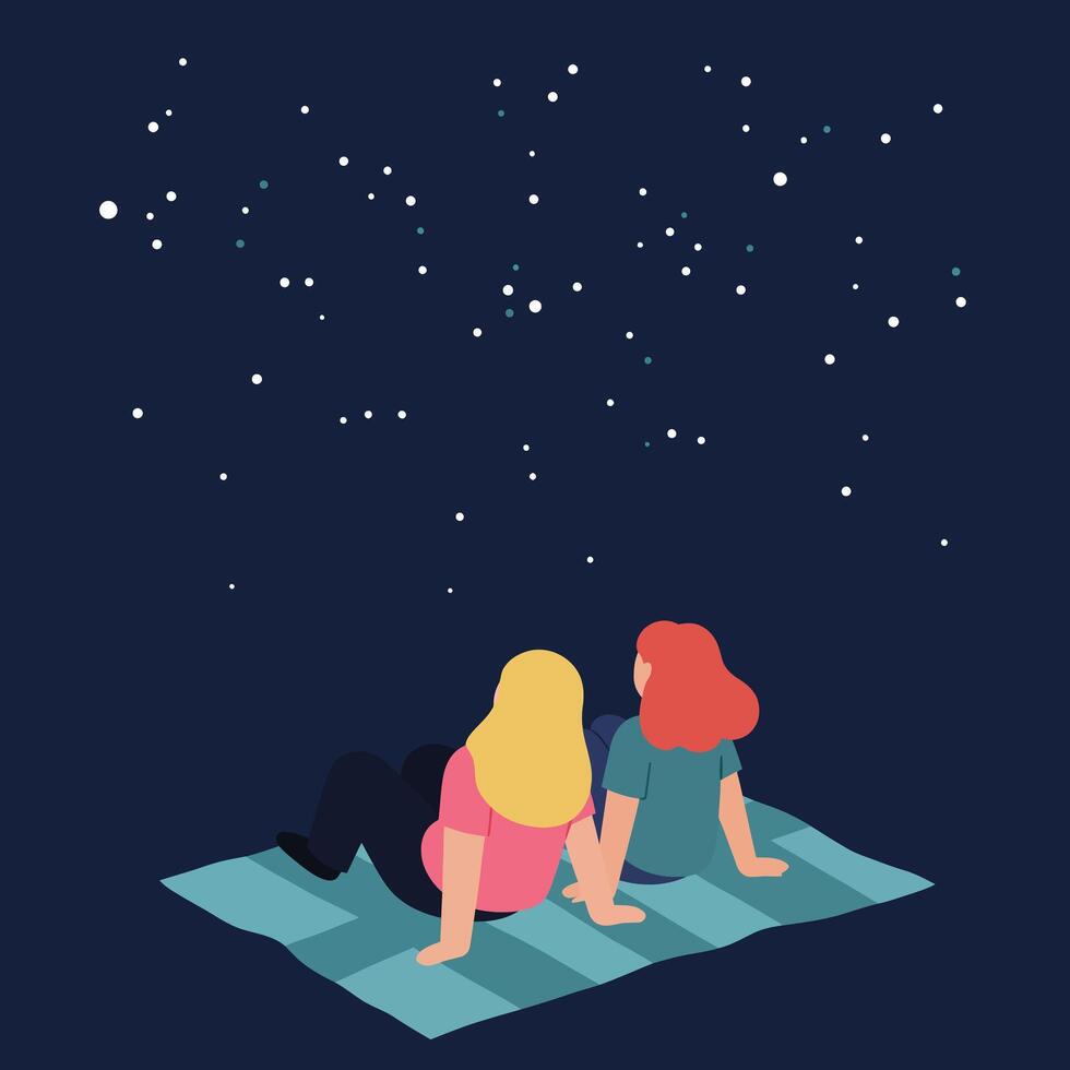 Two people stargazing lying on blanket under night sky with stars illustration vector