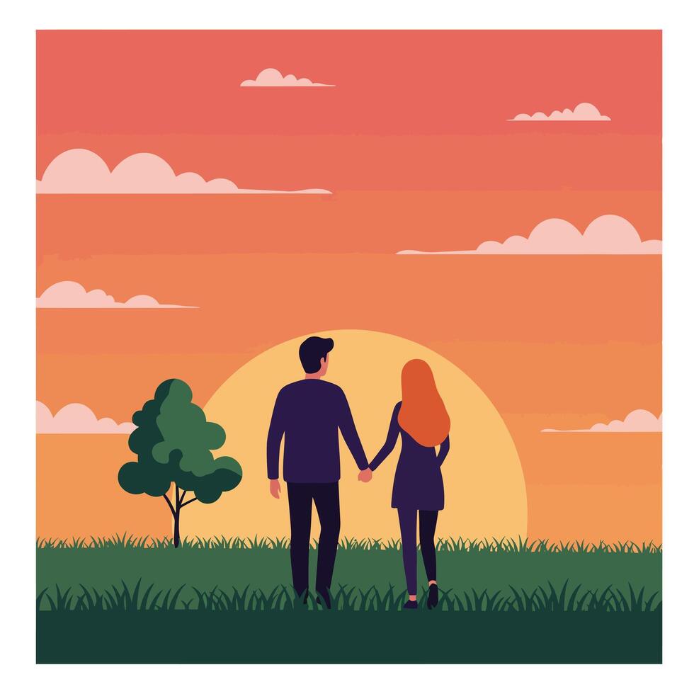 Couple holding hands watching sunset with tree on grass field romantic landscape scene illustration vector