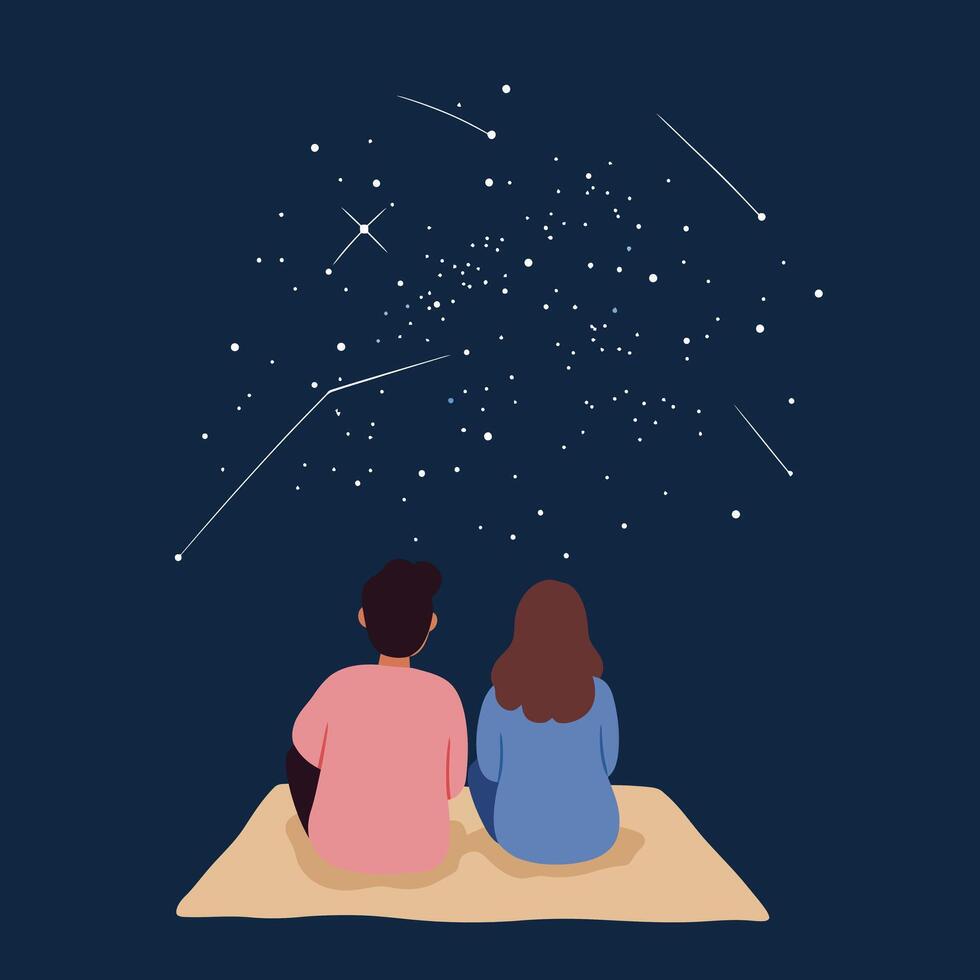 Couple stargazing under night sky with constellation stars and shooting stars on dark blue background illustration vector