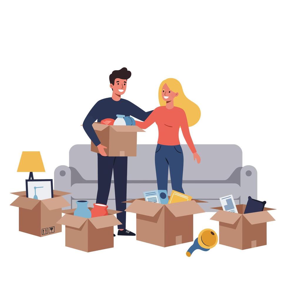 Young couple unpacking boxes together in living room with sofa and lamp during house move activity illustration vector