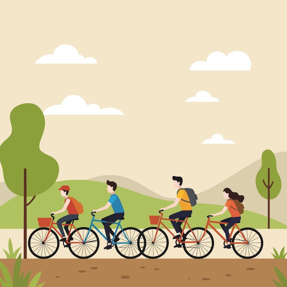 Group of people cycling outdoors in green nature landscape with trees and clouds illustration vector