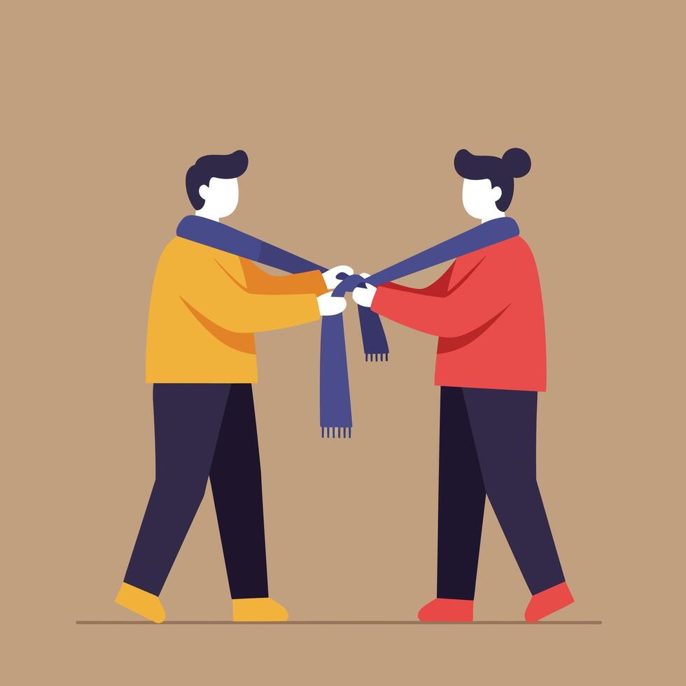 Couple exchanging scarf winter clothing gesture illustration in warm brown background image vector