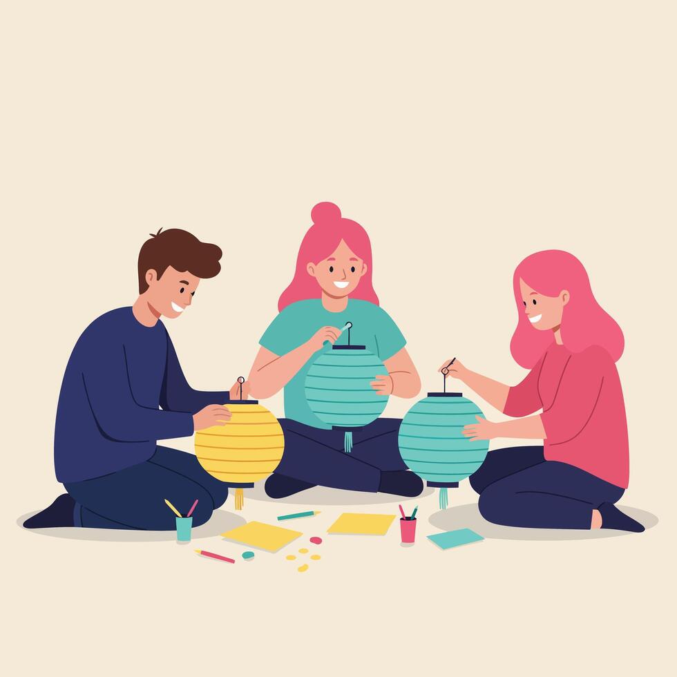 Group of young people making paper lanterns for celebration and creative leisure activity indoors vector