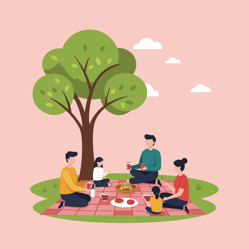 Family enjoying picnic under green tree on grass with pink sky background illustration vector