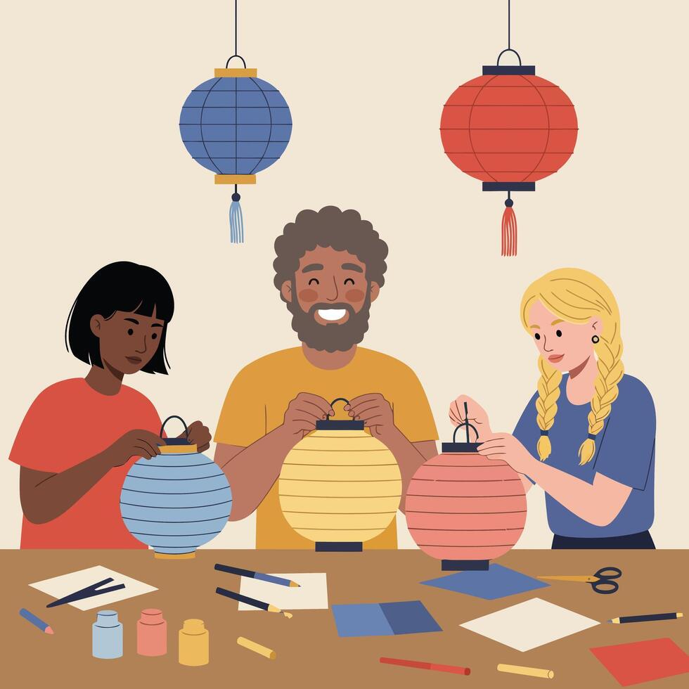 Diverse group making colorful paper lanterns together in creative workshop activity indoors vector