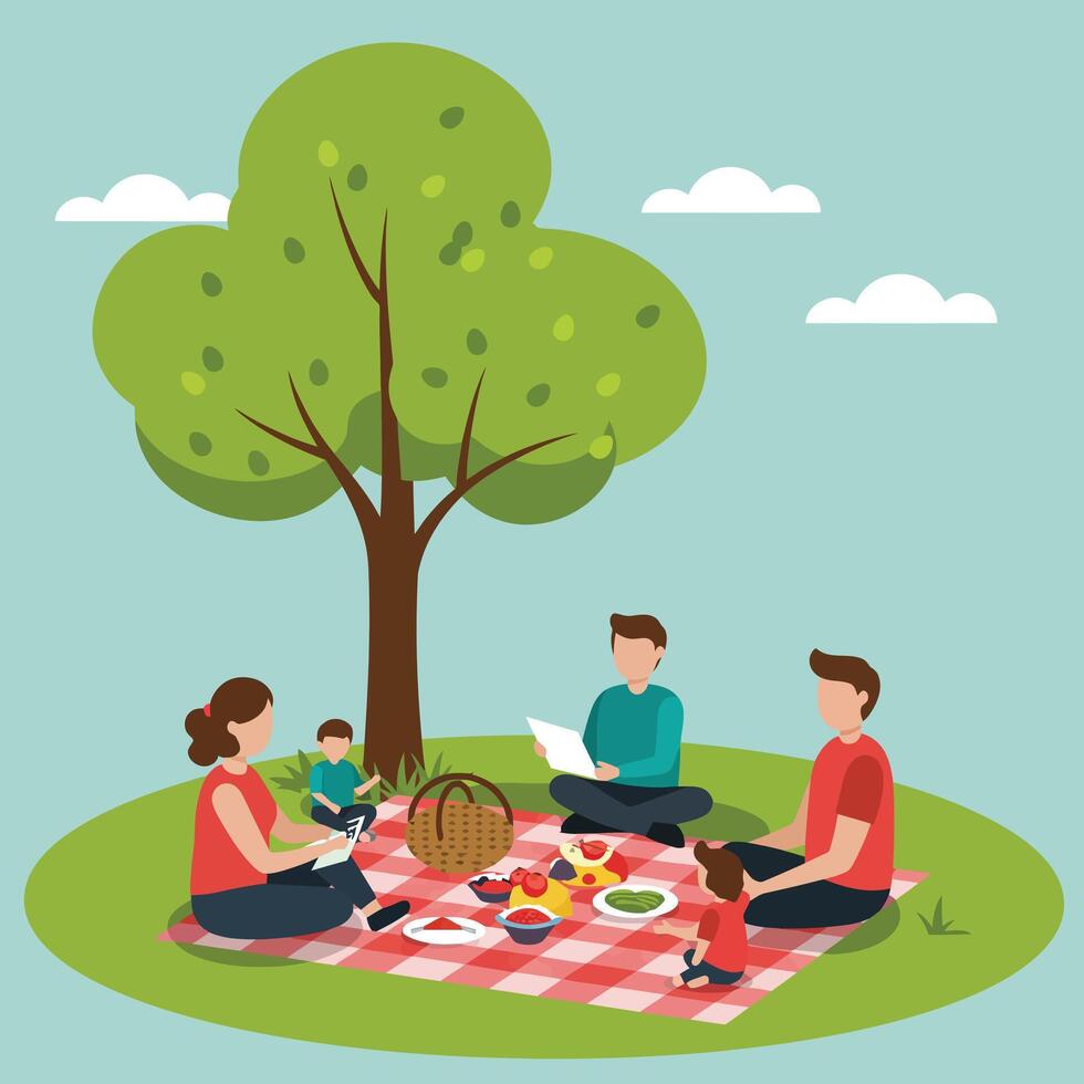 Family enjoying outdoor picnic under green tree on checkered blanket in park setting illustration vector