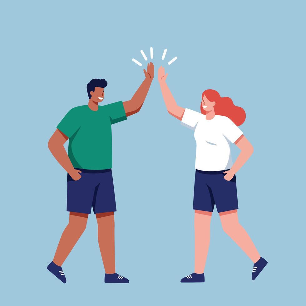 Two young people giving high five with casual clothes green shirt and white tshirt celebrating success and teamwork vector