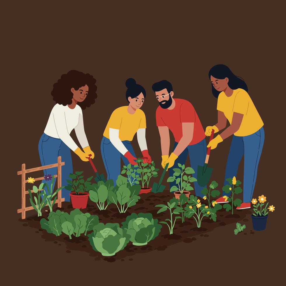 People gardening together planting vegetables and flowers in community garden with teamwork and care vector