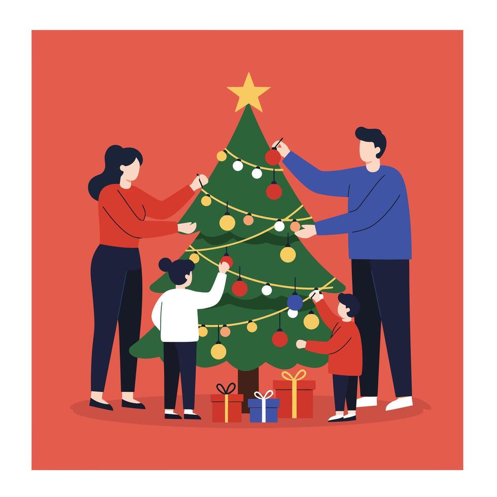 Family decorating Christmas tree with gifts and ornaments festive holiday celebration scene in red background vector