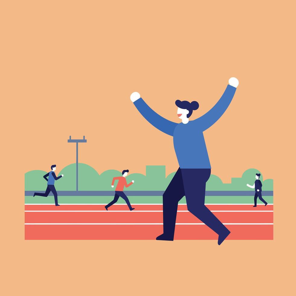 Runner crossing finish line celebrating victory on outdoor track with competitors in background illustration vector