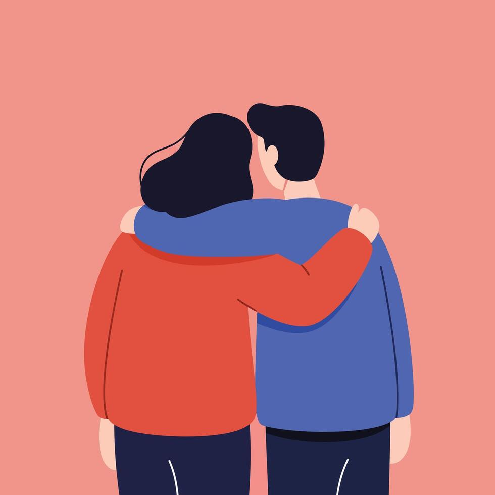 Couple hugging each other showing affection and support in simple flat illustration with pink background vector