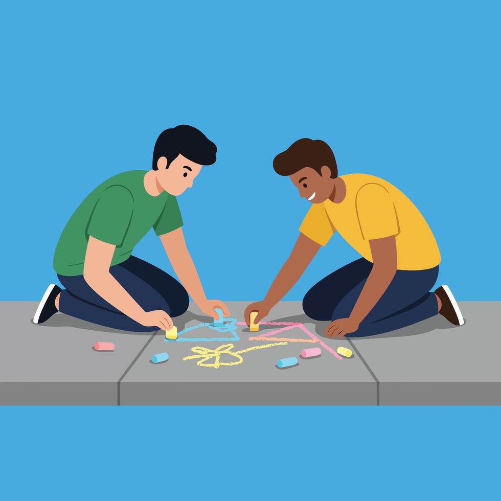 Two boys drawing colorful chalk art on pavement in playful outdoor activity illustration vector