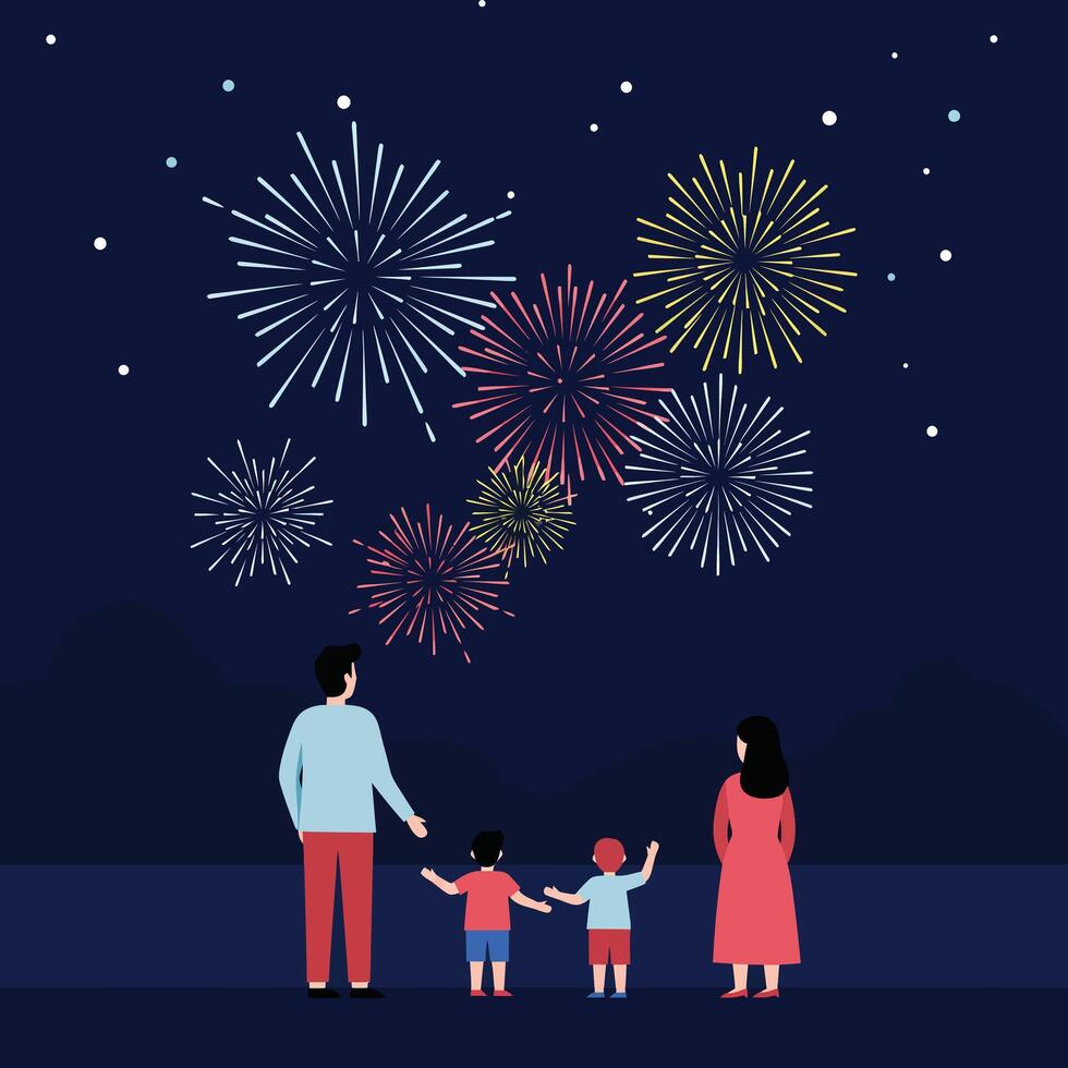 Family watching colorful fireworks display in night sky outdoors celebrating festive occasion with children and parents together vector