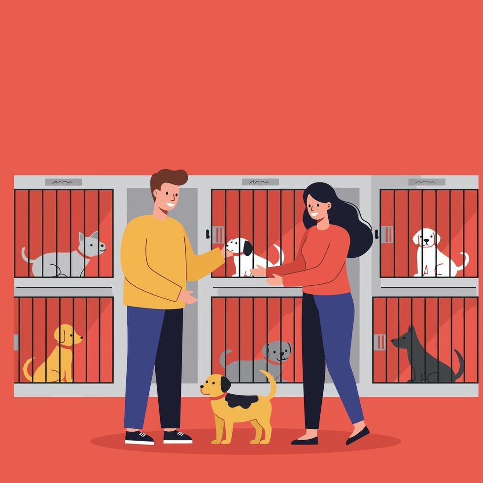 People adopting dogs at animal shelter with various dog breeds in cages and friendly interaction illustration vector