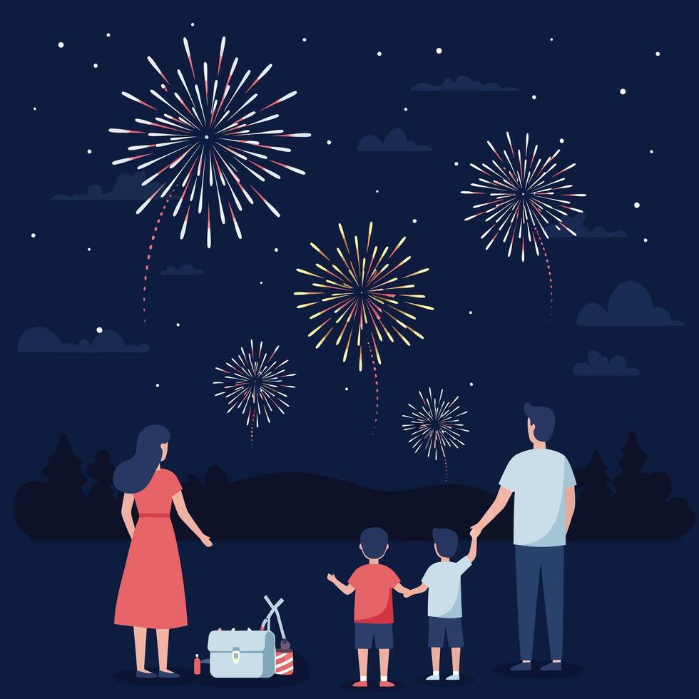 Family enjoying colorful fireworks celebration under night sky with cooler and snacks illustration vector