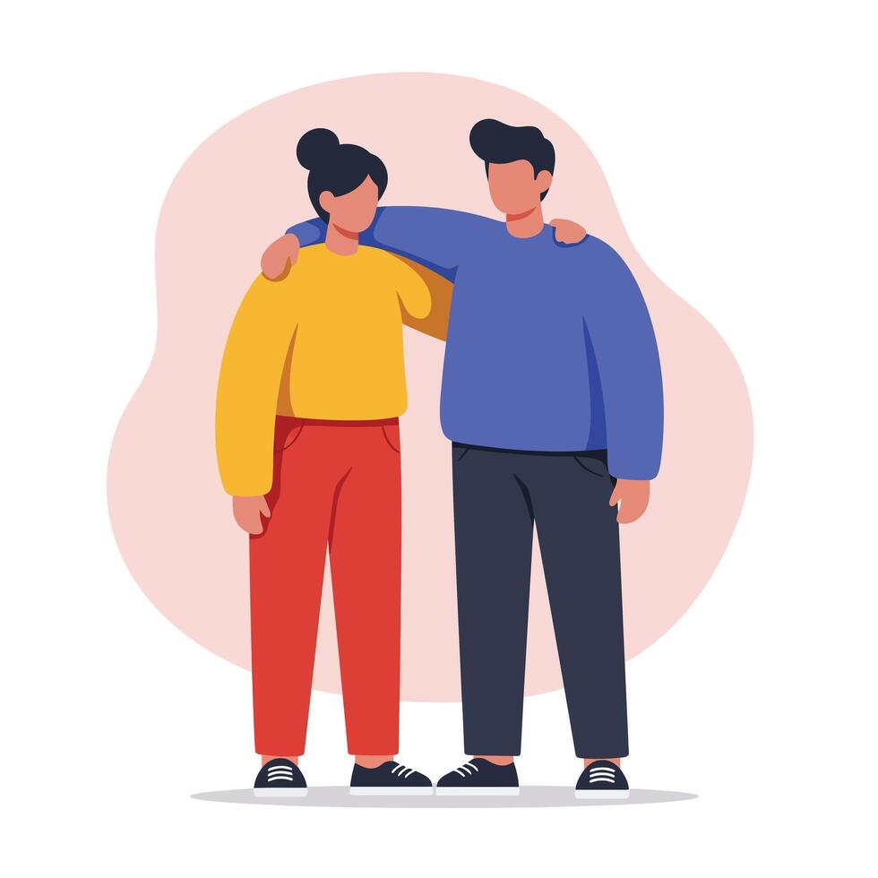 Young friends standing together with arms around shoulders in casual clothes illustration vector
