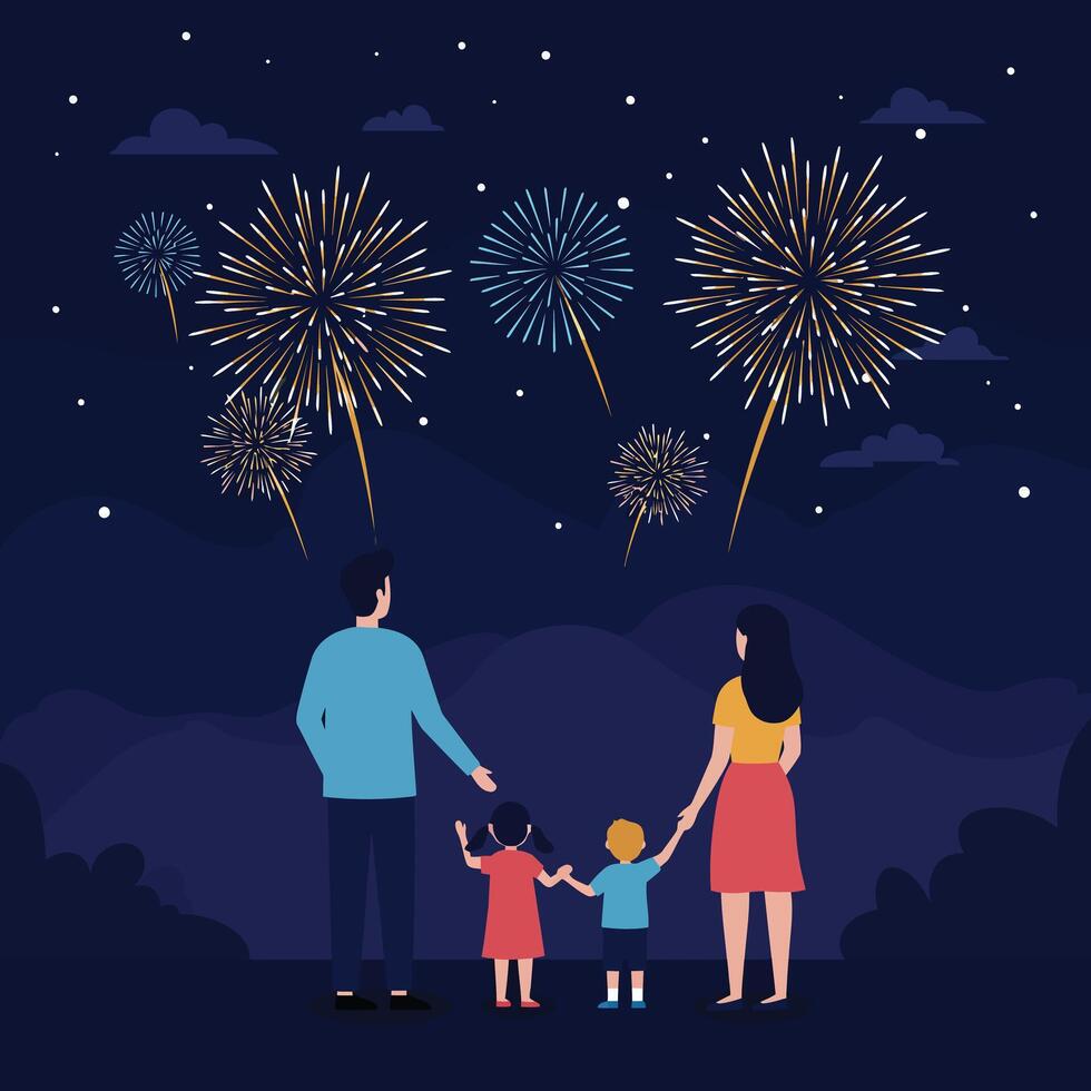 Family Watching Fireworks Display on Dark Night Sky with Stars and Clouds Illustration vector