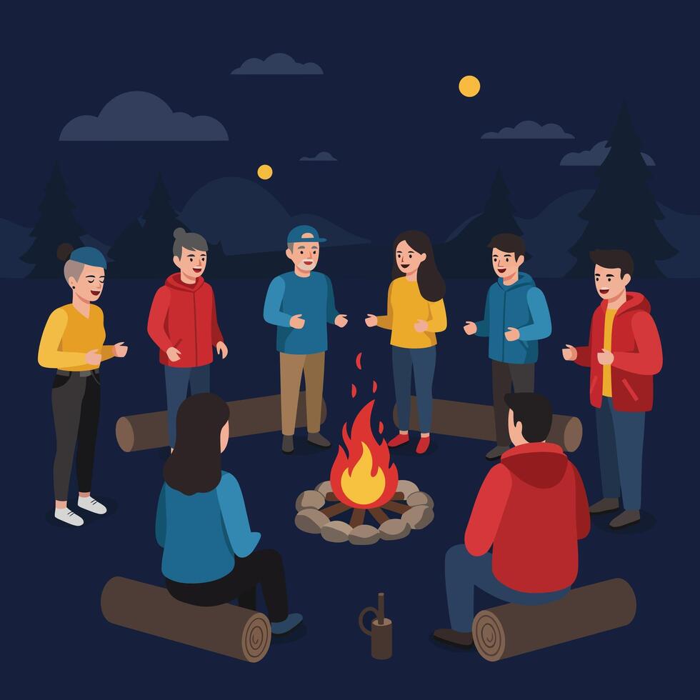 Group of friends camping around campfire enjoying outdoor night activity in forest setting illustration vector