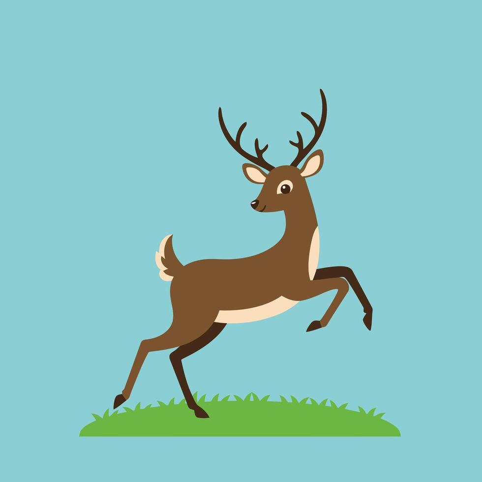 Deer illustration with antlers jumping on grass in blue background graphic vector