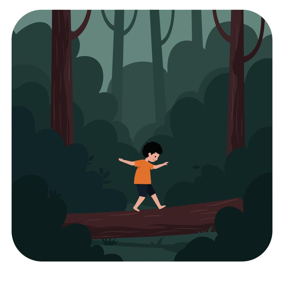 Child walking barefoot on fallen log in dense green forest with tall trees and dark foliage illustration vector