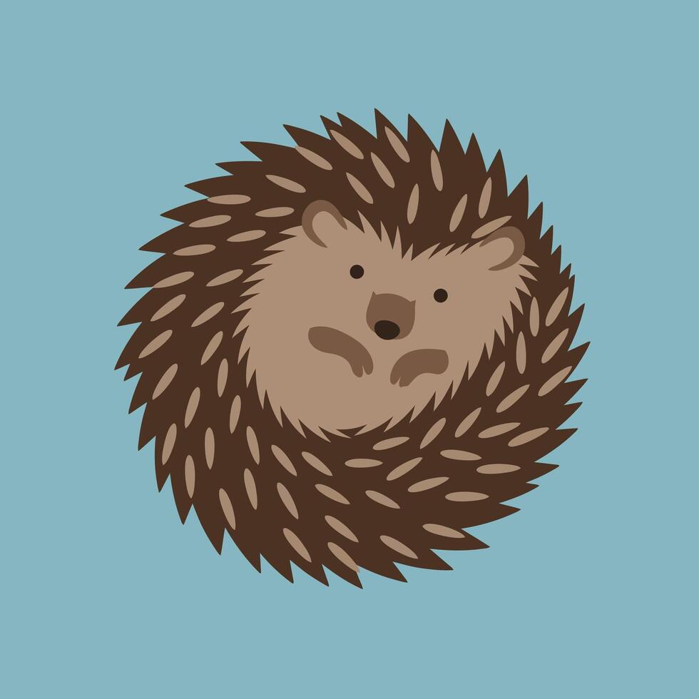 Hedgehog curled up in a ball with brown spines on blue background illustration vector