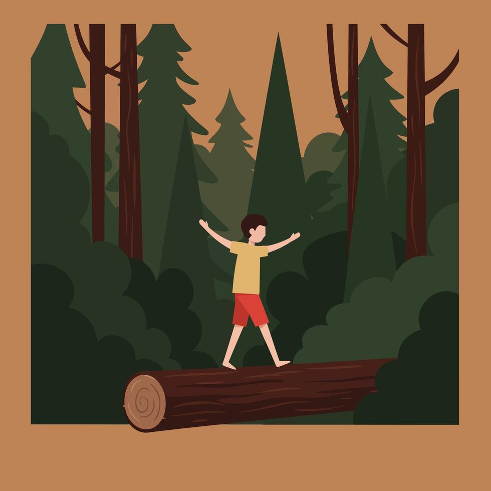 Boy balancing on log in dense forest with tall pine trees and green bushes illustration vector