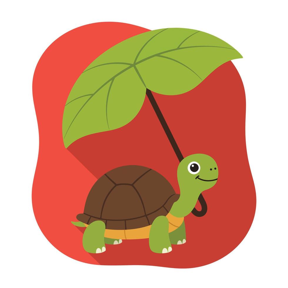 Cute green turtle holding large leaf umbrella illustration with red background and long shadow vector