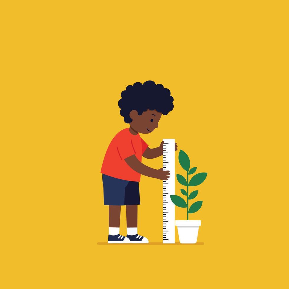 Boy measuring plant height using ruler with green leaves and white pot on yellow background illustration vector