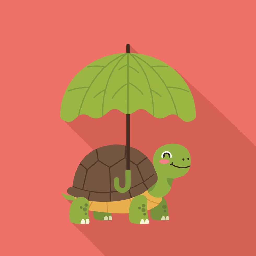 Turtle holding green umbrella with long shadow on red background cute illustration vector