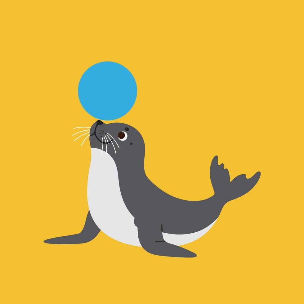 Seal balancing blue ball on nose simple flat design on yellow background illustration vector