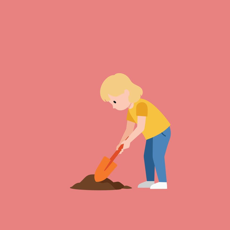 Child digging soil with shovel illustration in simple flat style on pink background vector