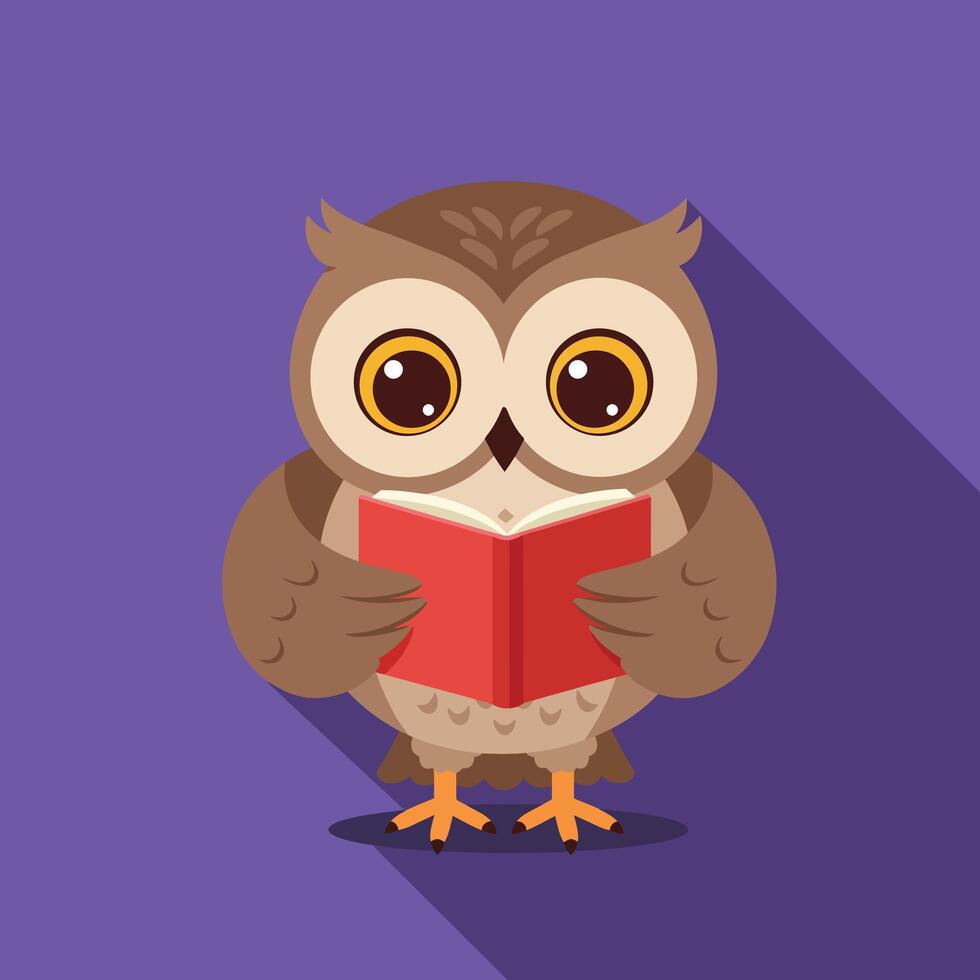 Owl reading book cartoon character with brown feathers and big eyes on purple background flat design illustration vector