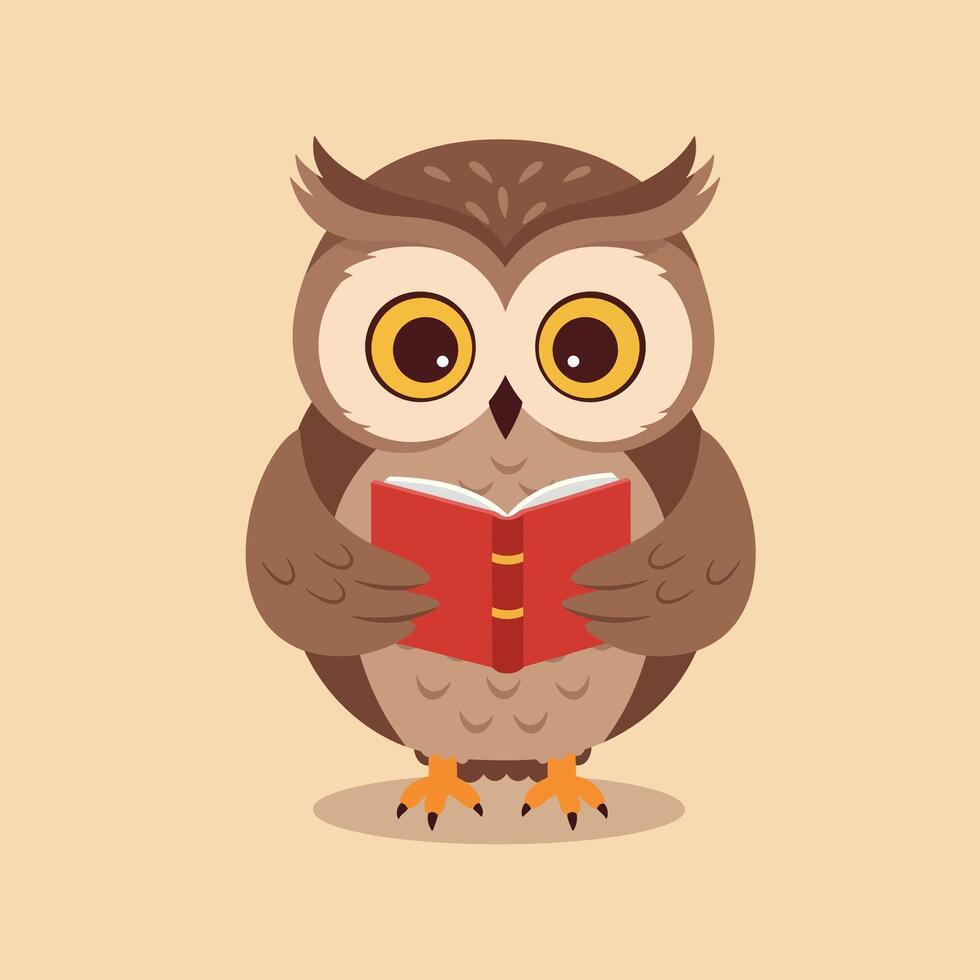 Owl holding red book reading knowledge and wisdom concept in illustration vector