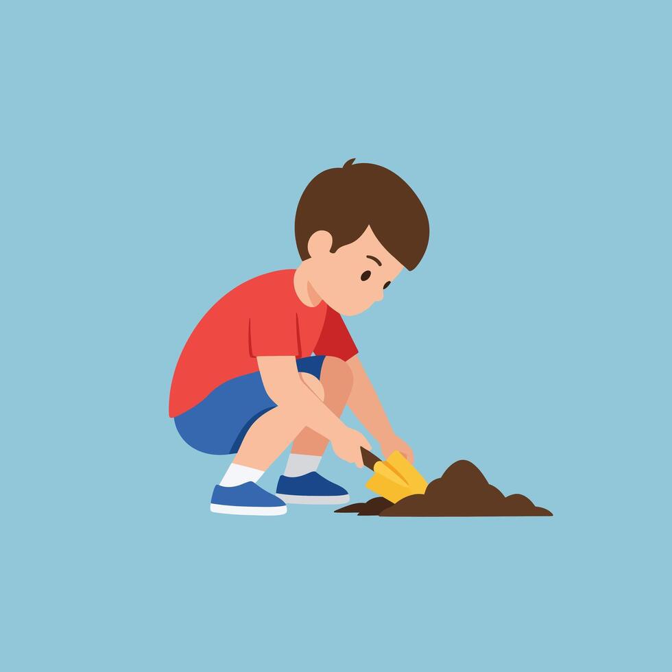 Boy digging soil in garden with yellow shovel wearing red shirt and blue shorts illustration vector