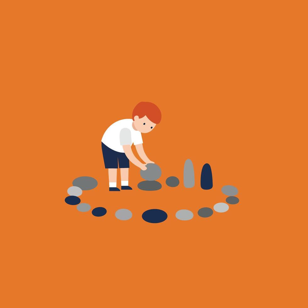 Boy playing with stones on orange background in simple flat illustration style vector
