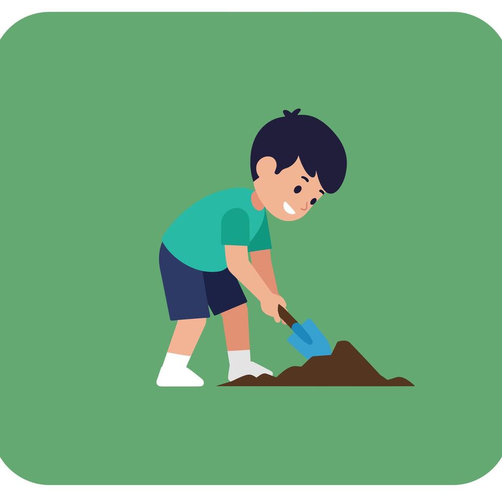 Boy Digging Garden Soil with Small Shovel Green Background Illustration vector