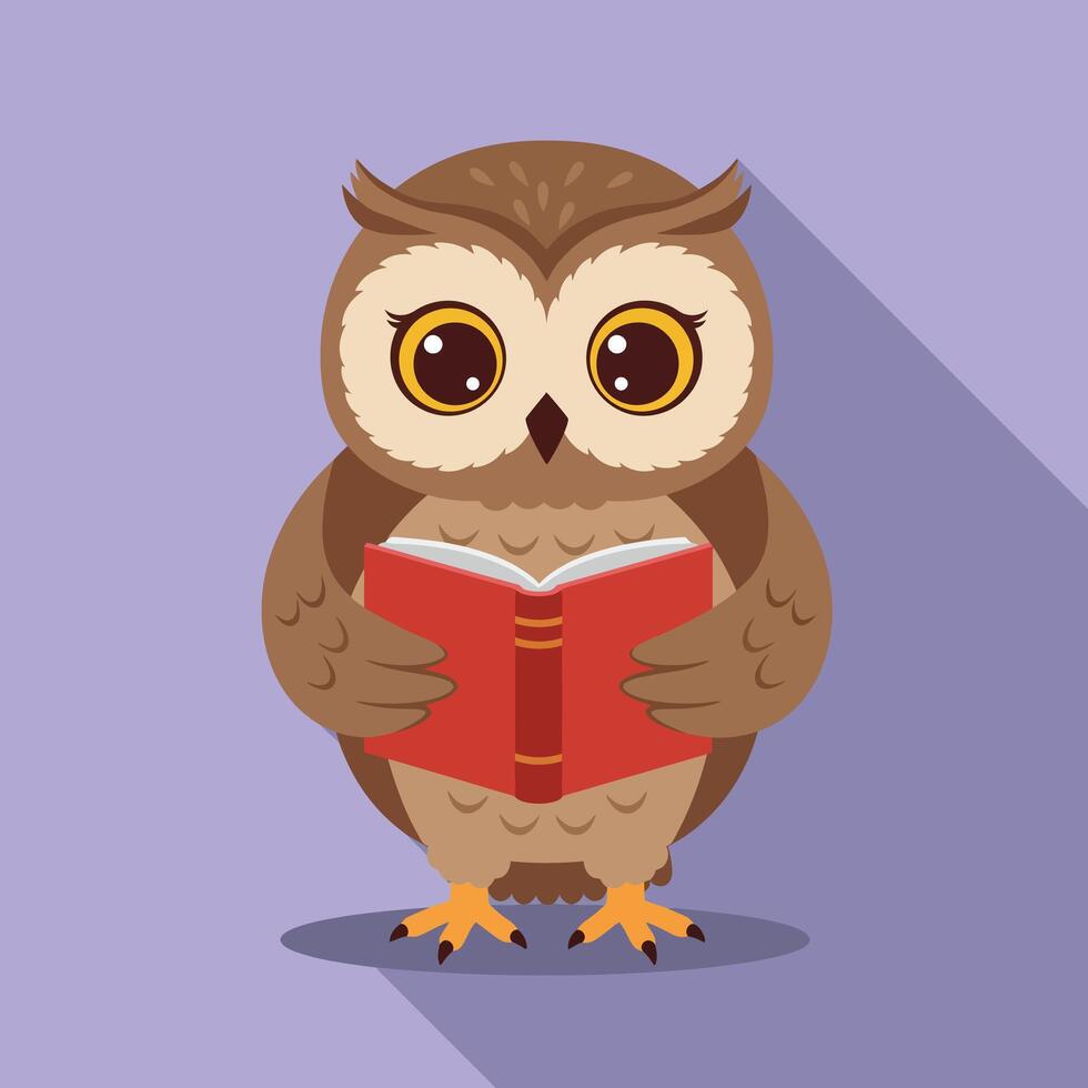 Owl reading a red book on purple background cartoon illustration with long shadow effect vector