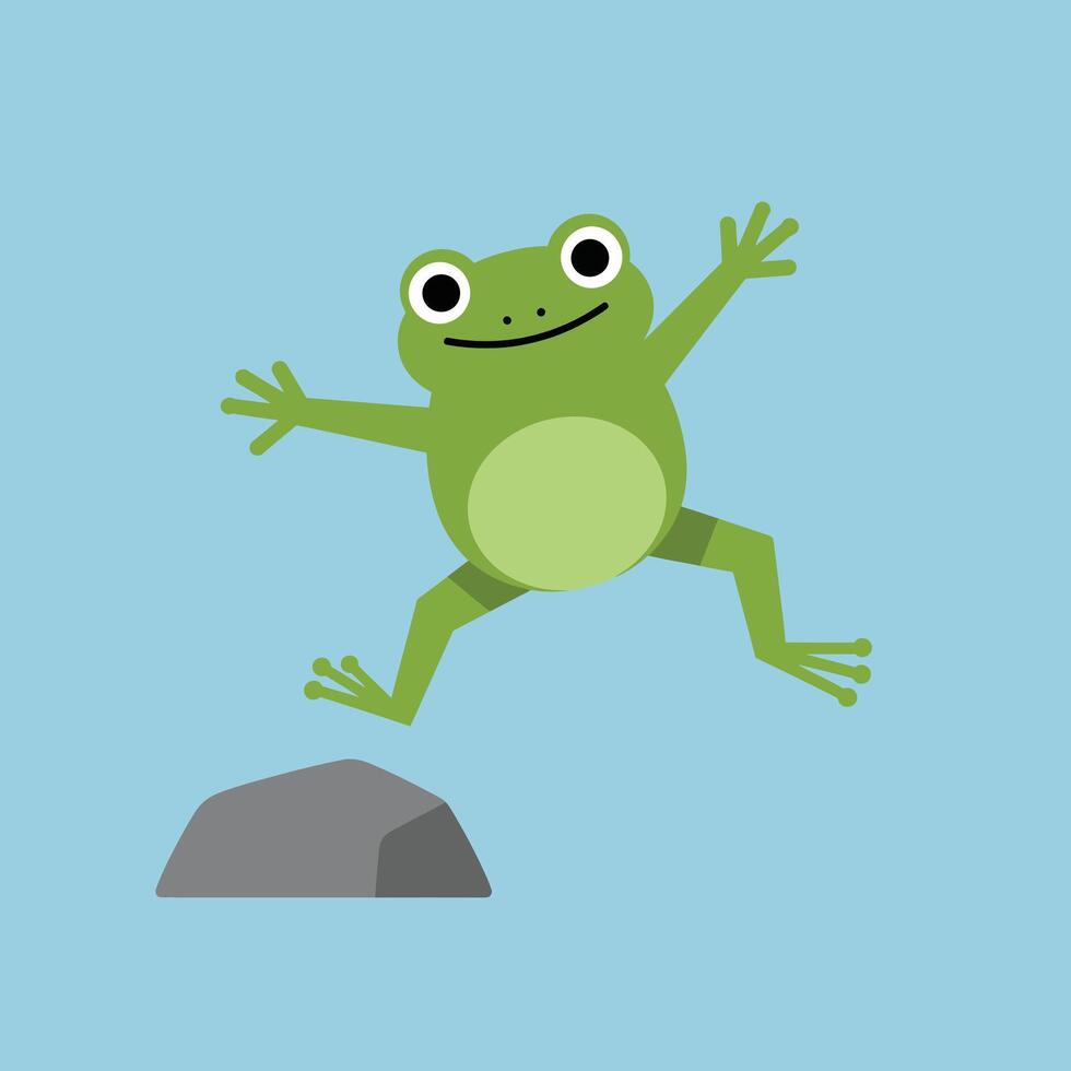 Green frog jumping over rock simple illustration with blue background cheerful nature scene vector