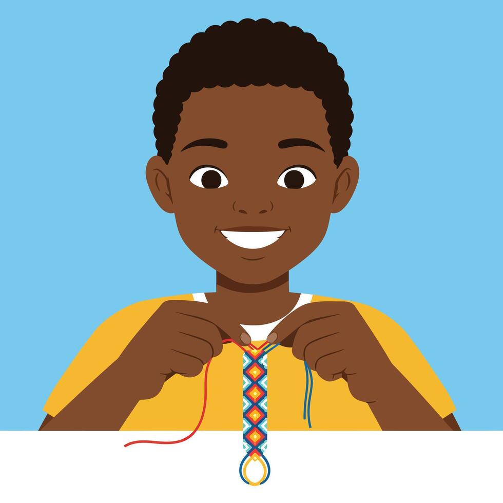 Boy crafting colorful friendship bracelet with red blue threads smiling portrait illustration vector