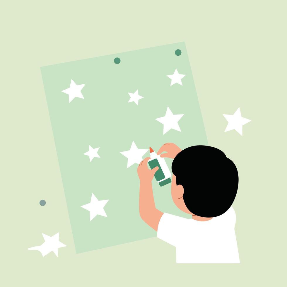 Child drawing stars on paper with green spray bottle in creative art activity illustration vector