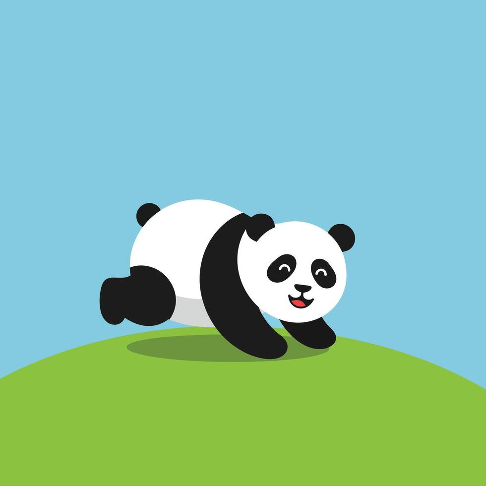 Panda walking on green hill under blue sky in simple cartoon style illustration vector