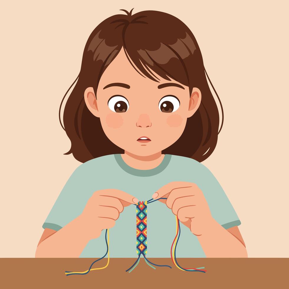 Young girl creating colorful friendship bracelet with threads focused on crafting hobby at table illustration vector