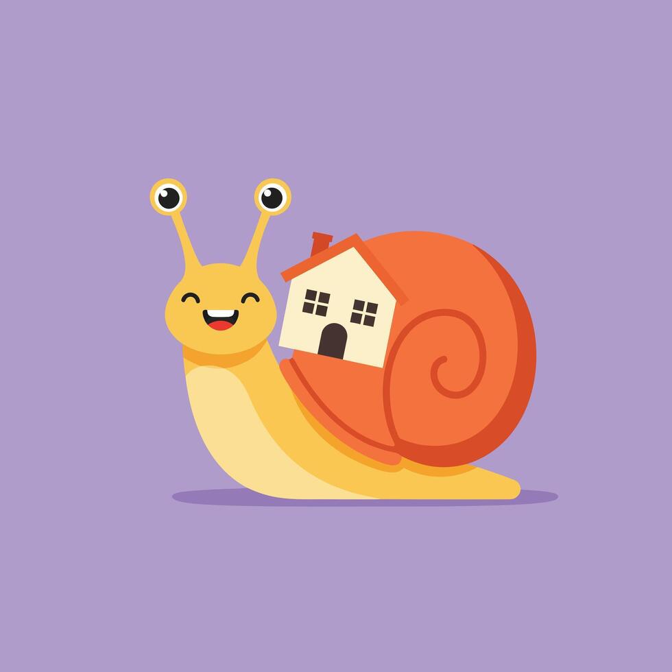 Cartoon smiling snail carrying small house on shell purple background illustration vector