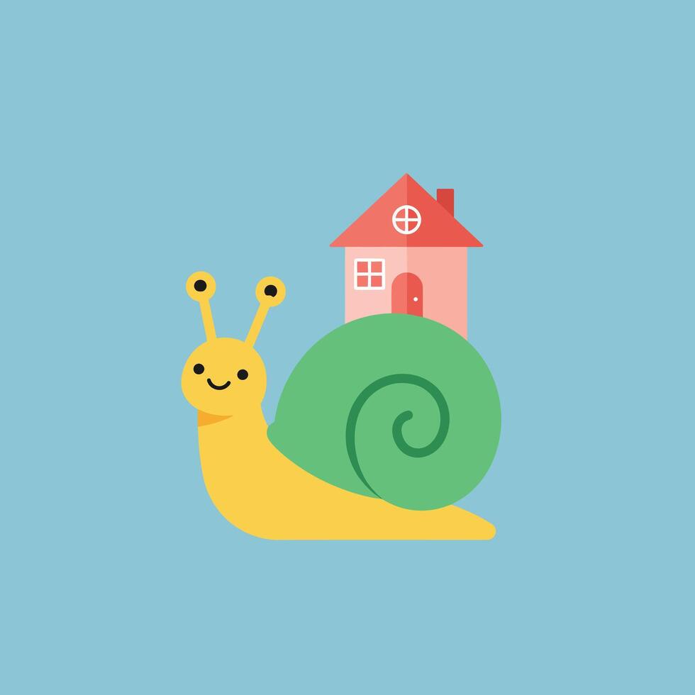 Cute snail carrying house on green shell with blue background illustration vector