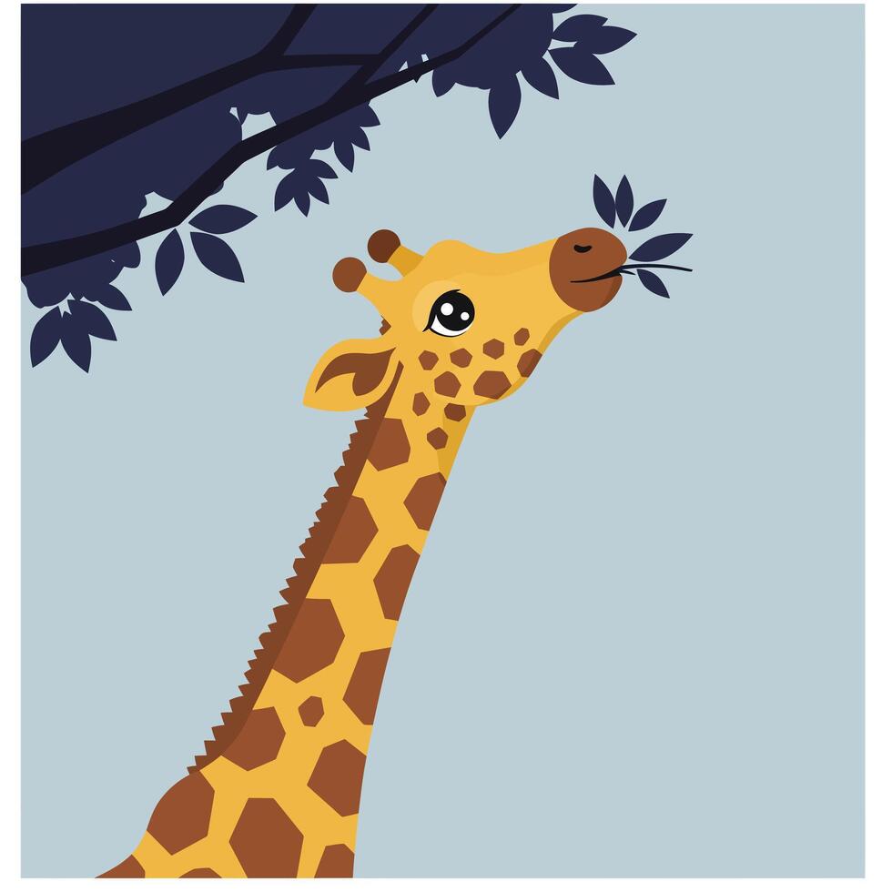 Giraffe reaching for leaves on tree branch with blue sky background illustration vector