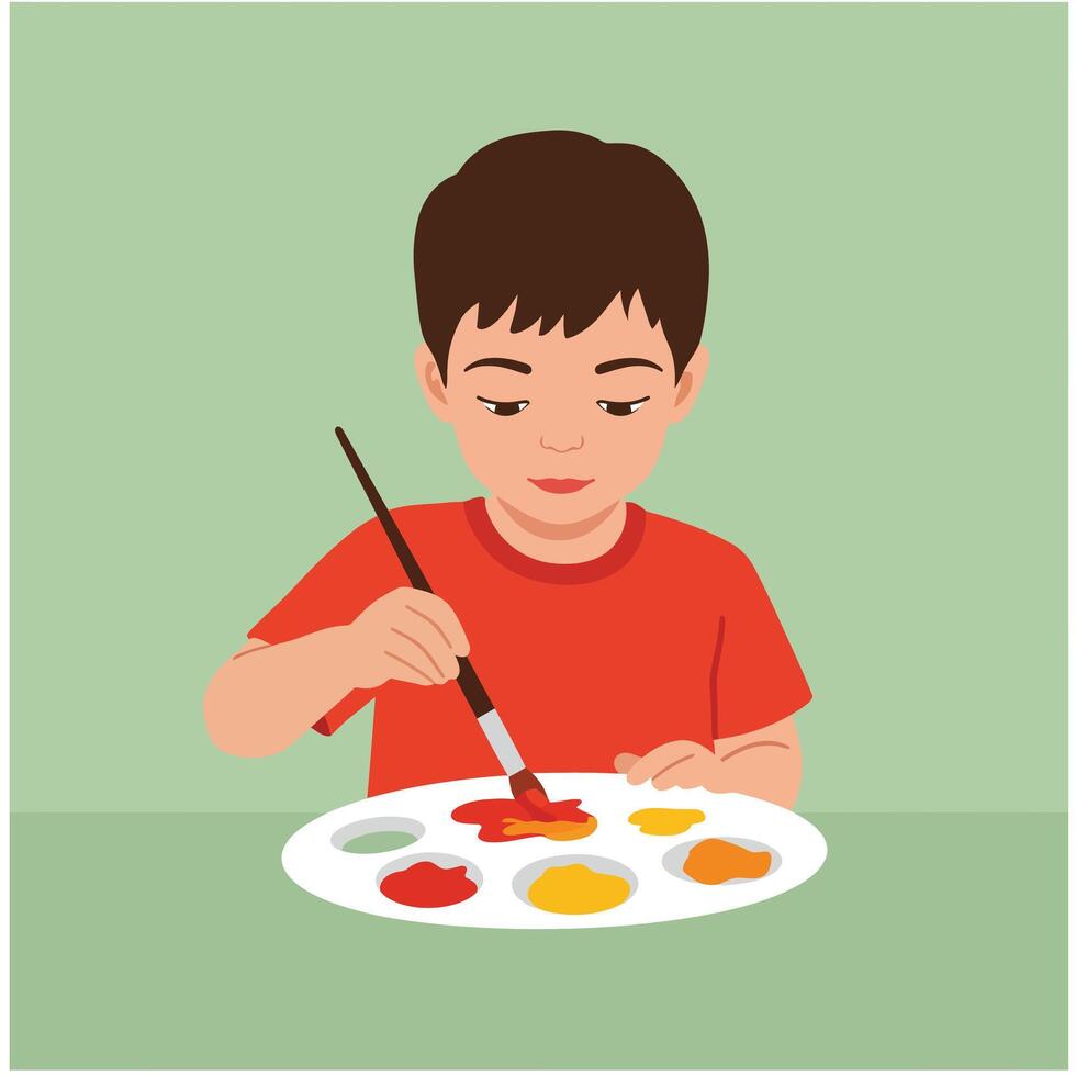 Boy painting with brush using red and yellow colors on palette in creative art activity illustration vector